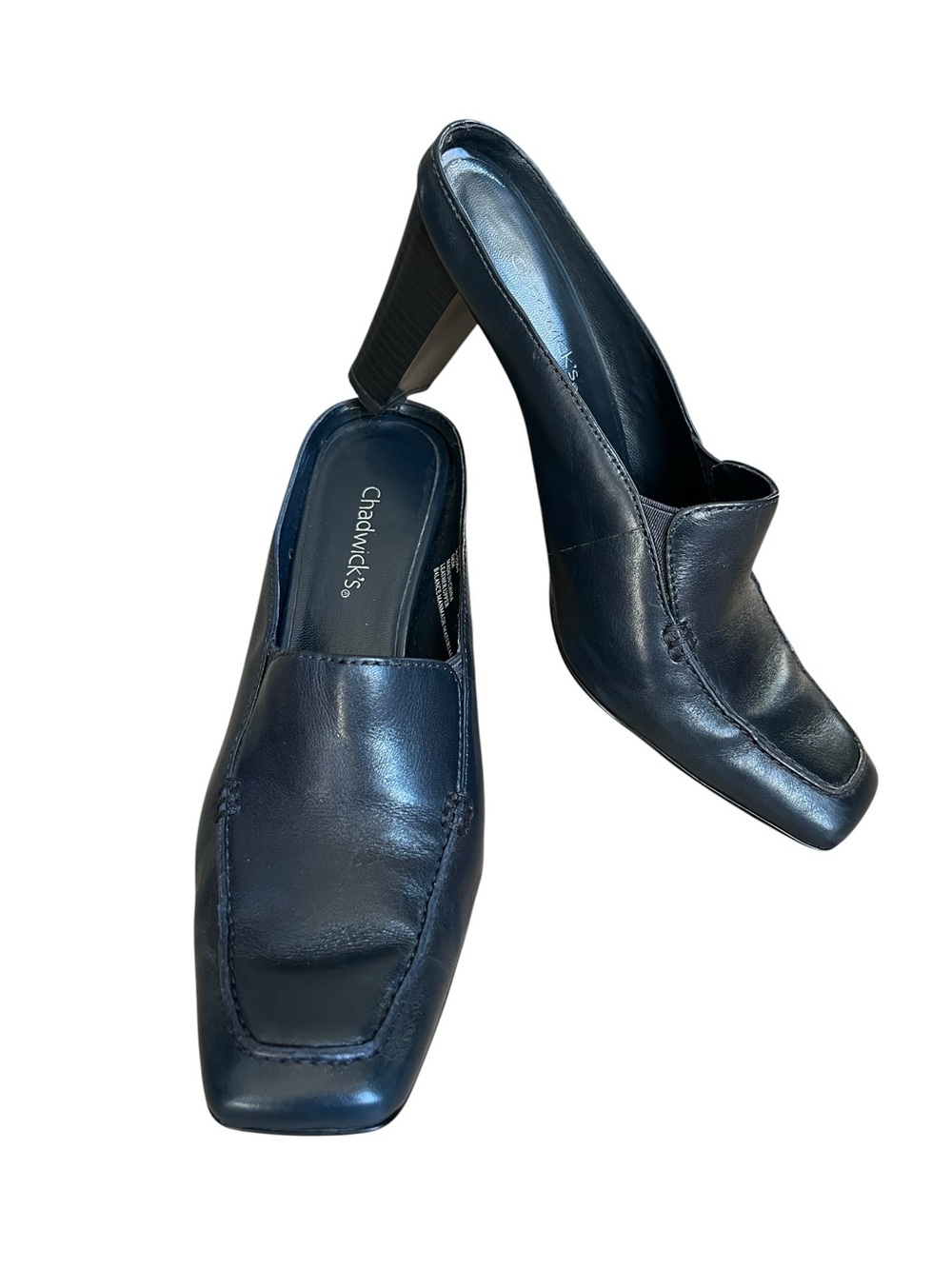 Chadwicks Navy Leather Square-Toe Mule Block Heels
